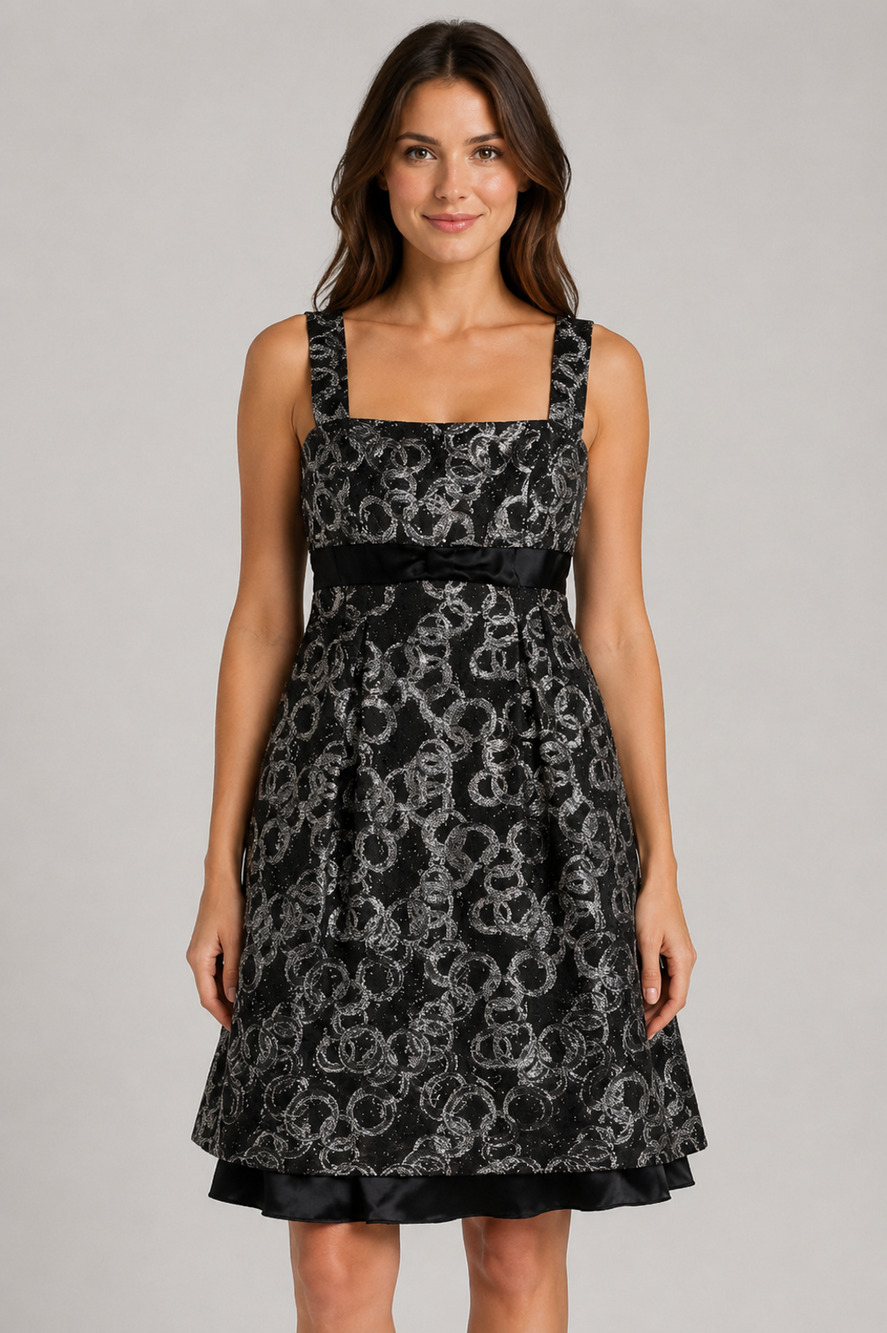 Walter Womens 4 Black Silver Metallic Cocktail Dress Silk Lined Empire Waist